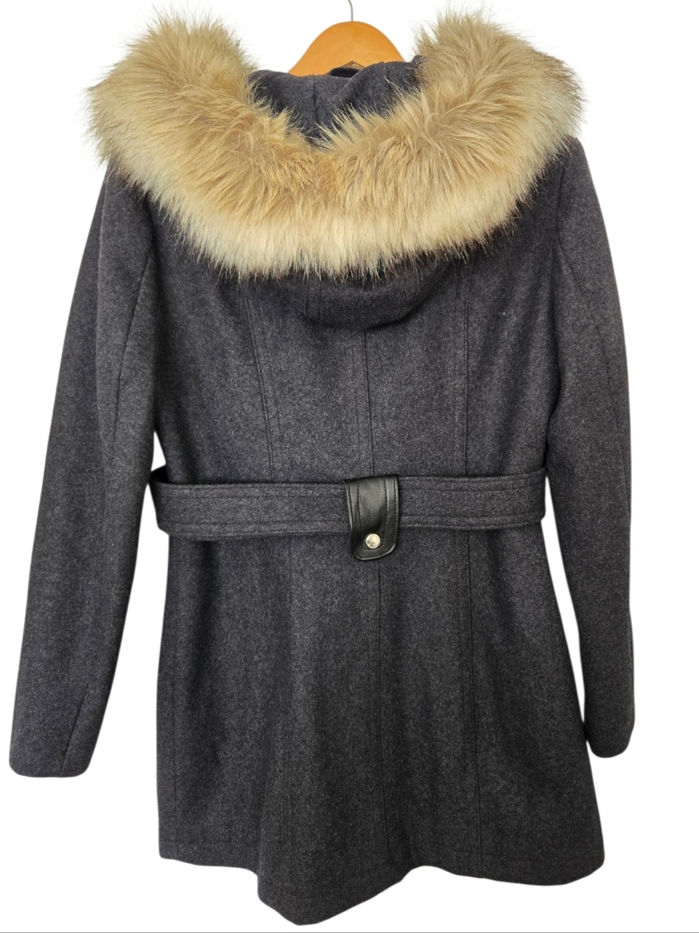 Laundry by Design Wool Blend Coat Faux Fur Hood Belted Gray Womens PM Petite Med - Picture 5 of 5